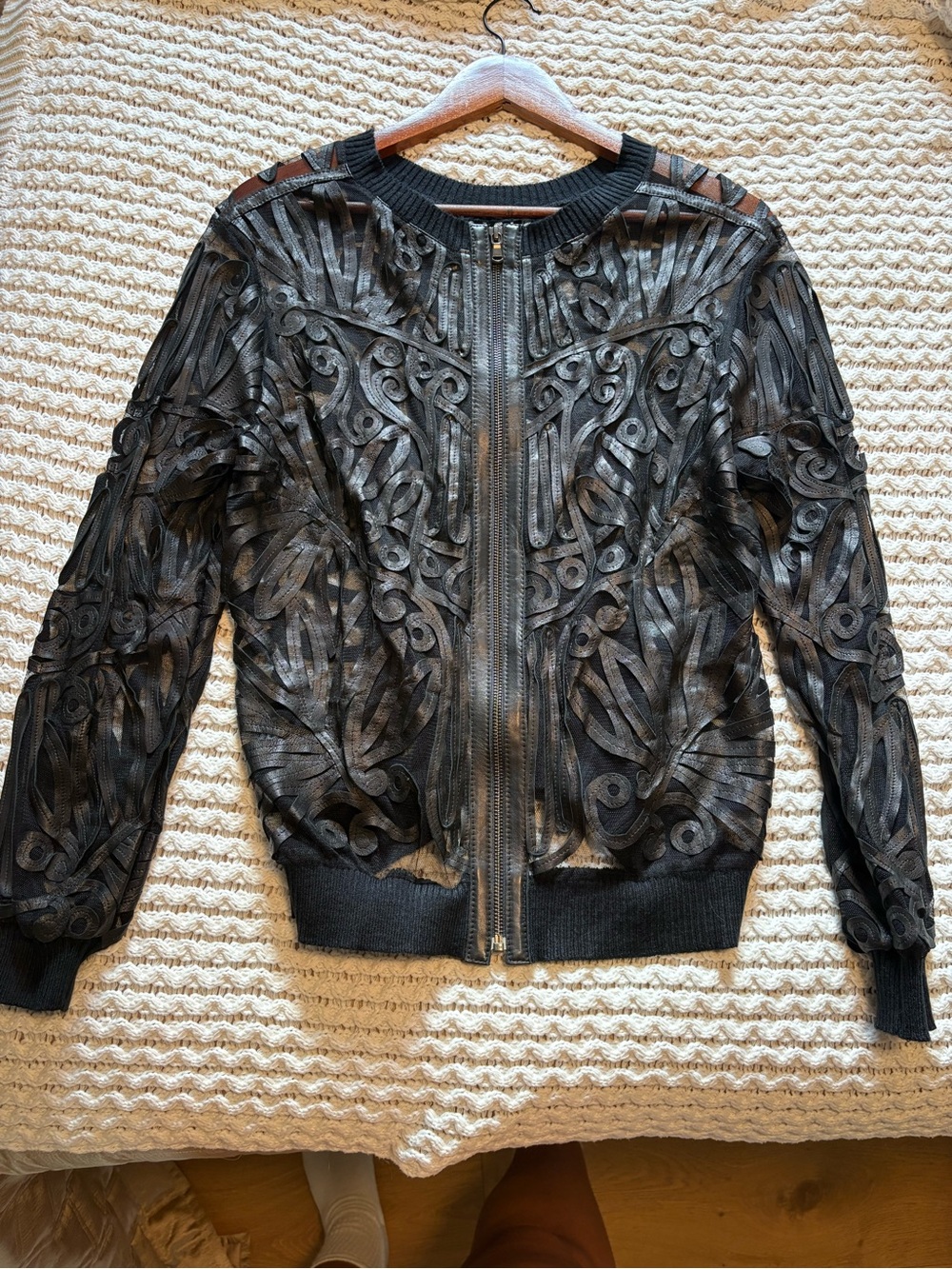 Women's Black Sheer Embroidered Bomber Jacket - Grayse